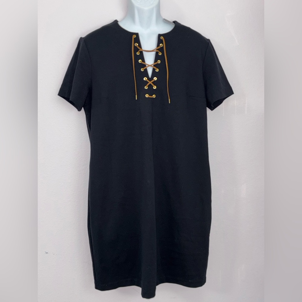 .LAUREN RALPH LAUREN NWT Black Short Sleeve Dress with Raw Hide Laces Size XL